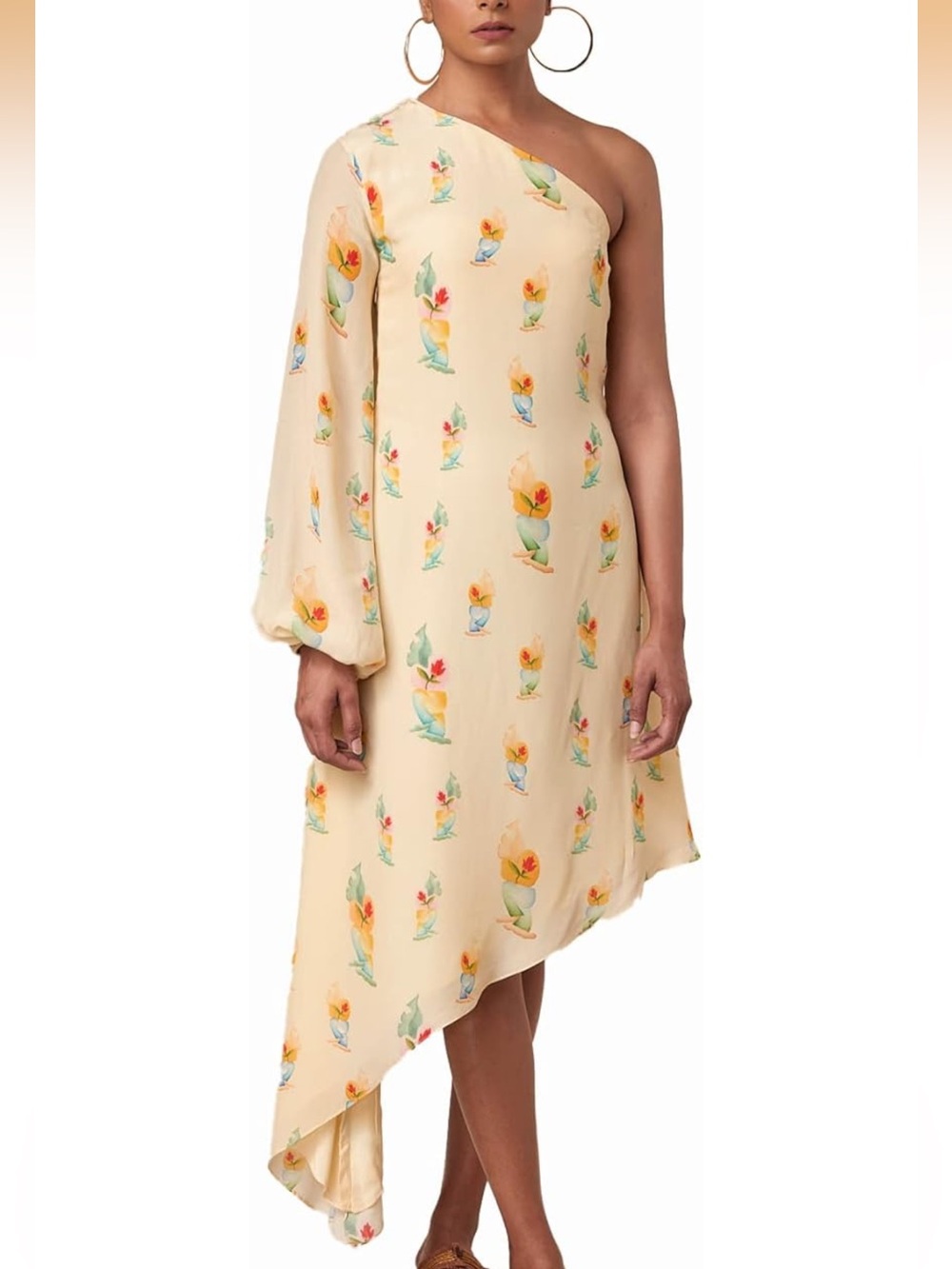 House of Masaba One-Shoulder Cream Floral Khaftan Dress